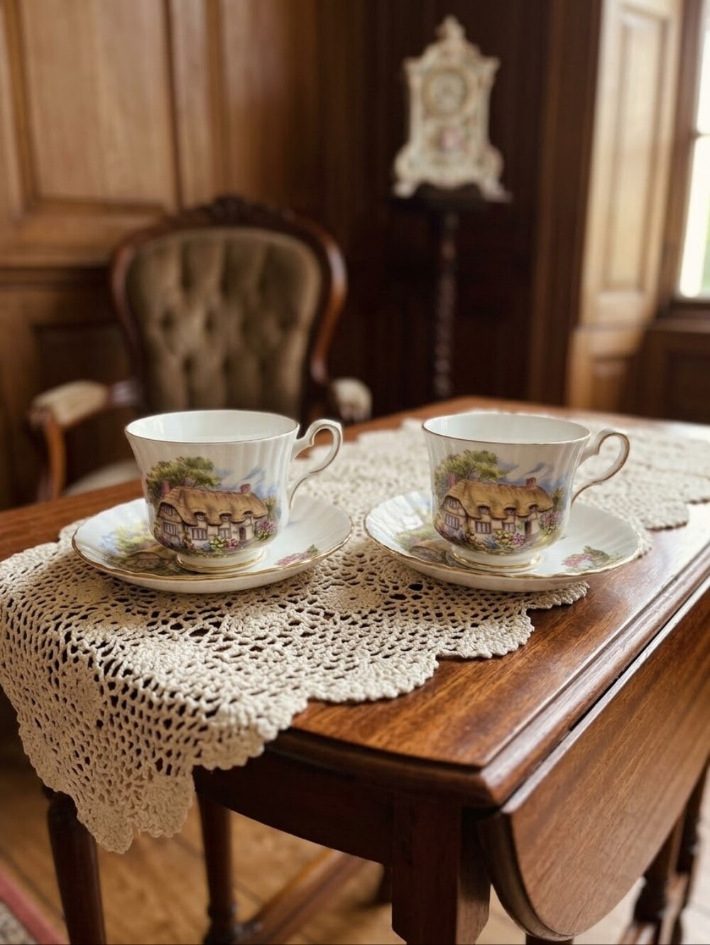 Vintage Royal Stafford Bone China Cottage Scene Tea Cup & Saucer Set Of 2